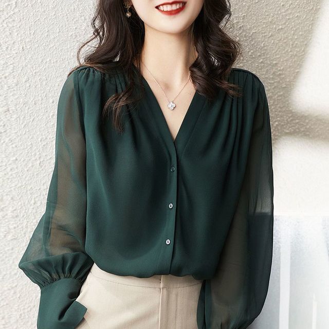 Inchioh-Long-Sleeve V-Neck Plain Gathered Blouse