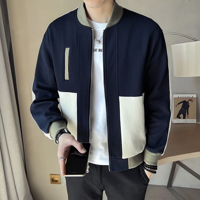 Zentrus-Color Block Panel Zip Baseball Jacket