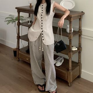 Bakli Sleeveless Plain Button-Up Blouse / High Rise Striped Wide Leg Pants Sale