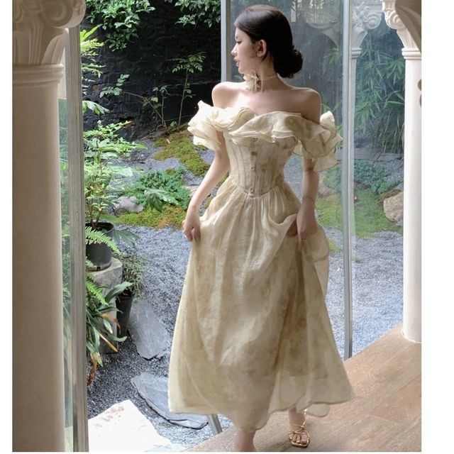 button corset dress NENE - Short-Sleeve Off Shoulder Ruffle Button Maxi A-Line Corset Dress