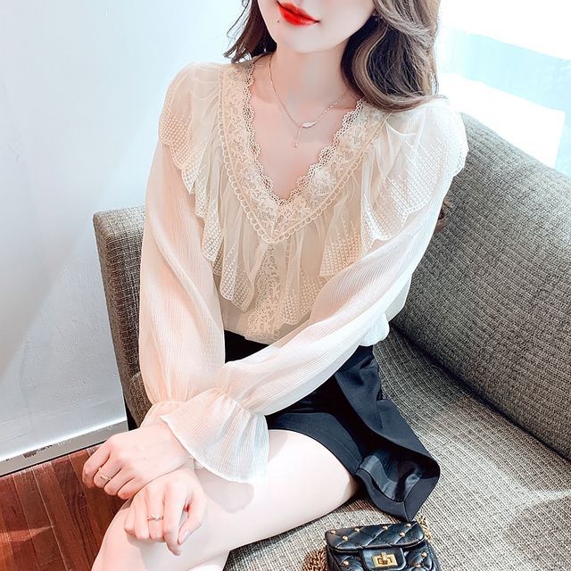 Dragan Pulse-Long-Sleeve V-Neck Lace Ruffle Trim Blouse