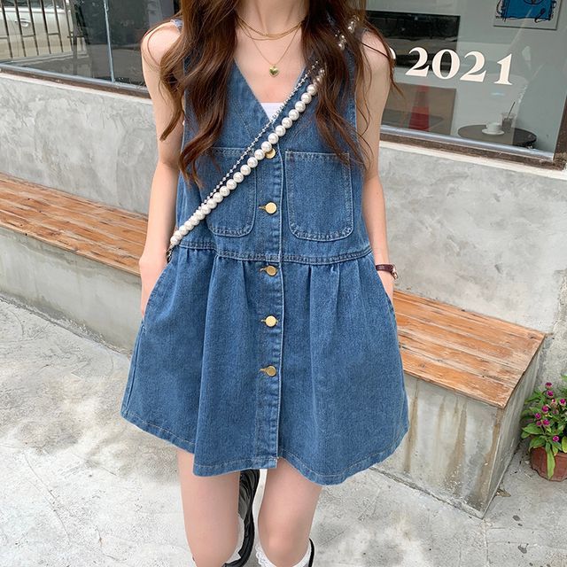 Zepto - Washed Mini Denim Jumper Dress | YesStyle
