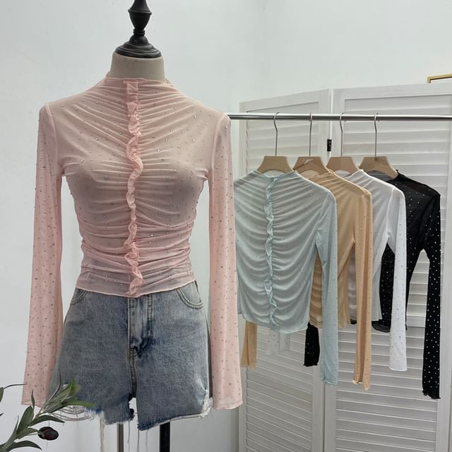 Allinya-Long-Sleeve Mock Neck Mesh Plain Crop Top