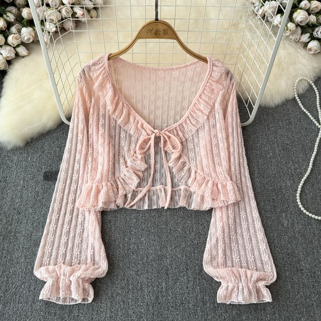 Iasia-Veste crop col V légère en dentelle et bordure à volants nouée devant