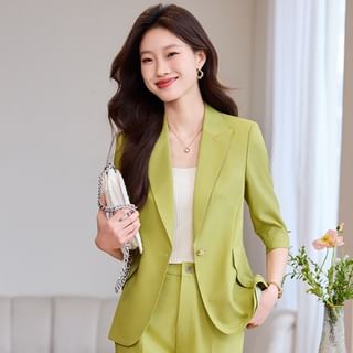Princess Min-Peak Lapel Plain Single-Button Blazer High Rise Wide Leg Pants