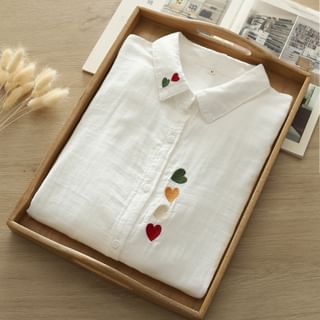 PANDAGO Long-Sleeve Heart Embroidery Shirt Sale