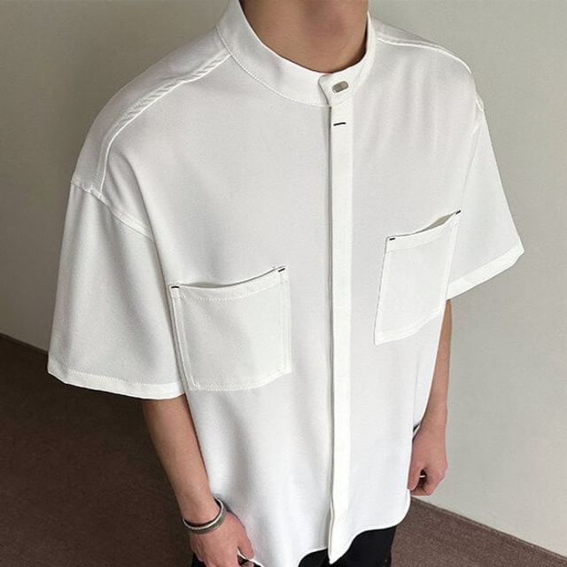 Drawouf-Elbow-Sleeve Stand Collar Plain Shirt