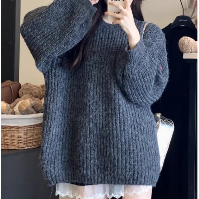 Trendycas-Crew Neck Ribbed Oversized Sweater