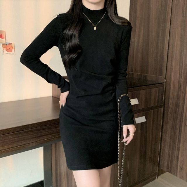 MOONWEST Long-Sleeve Mock Neck Plain Mini Bodycon Dress YesStyle