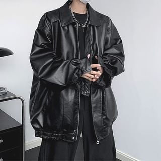 Lorencho-Collared Plain Zip-Up Faux Leather Jacket