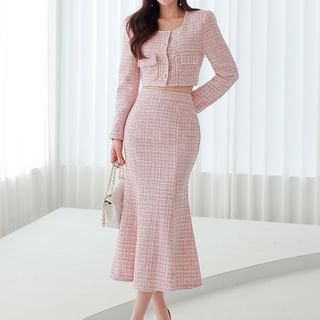 Set: Round Neck Faux Pearl Beaded Tweed Hook And Eye Jacket + High Waist  Mini A-Line Skirt