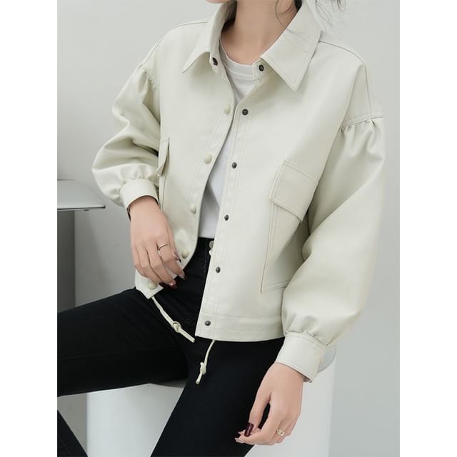 Keiko Girl-Faux Leather Collared Button-Up Jacket