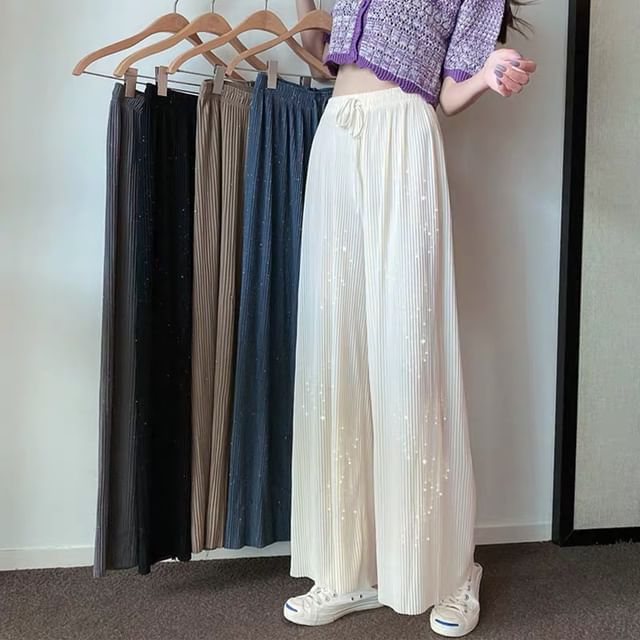 Sisyphi-High Waist Ribbed Plain Wide Leg Pants