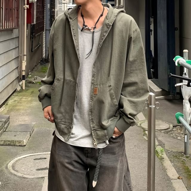 mopagrati-Drawstring Washed Zip-Up Hoodie