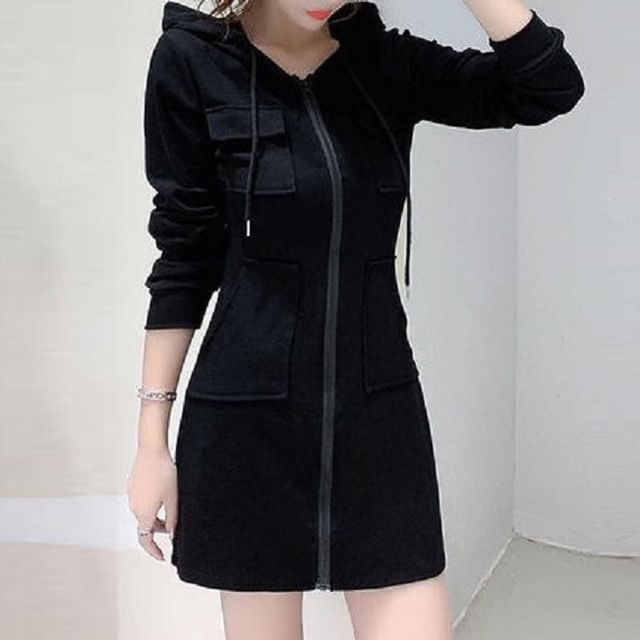 Cloud Nine-Long-Sleeve Drawstring Zip Fleece-Lined Mini Sheath Hoodie Dress
