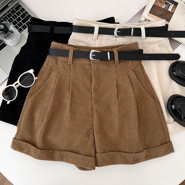 DIYI-High Waist Plain Roll Up Hem Shorts