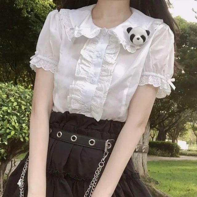 Sisyphi-Short Sleeve Peter Pan Collar Plain Lace Trim Button Up Blouse