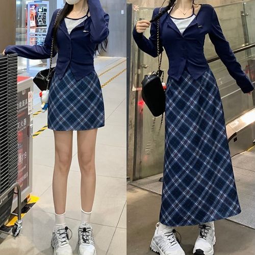 Mock Two-Piece Long-Sleeve Halter-Neck Two-Tone Tee / High Rise Plaid  A-Line Skirt (Various Designs)