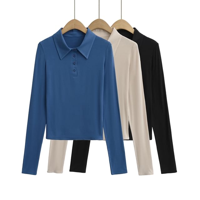 Ulark-Long-Sleeve Collar Plain T-Shirt