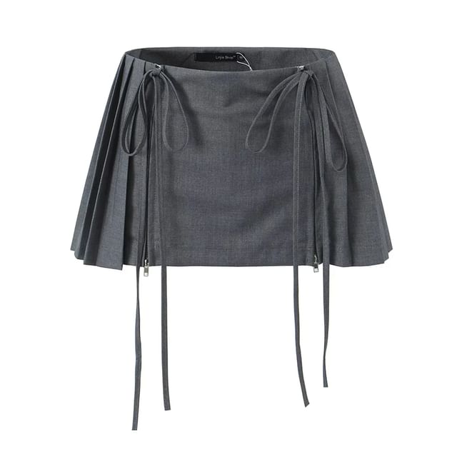 Bazer - Low Waist Plain Pleated Drawstring Mini A-Line Skirt
