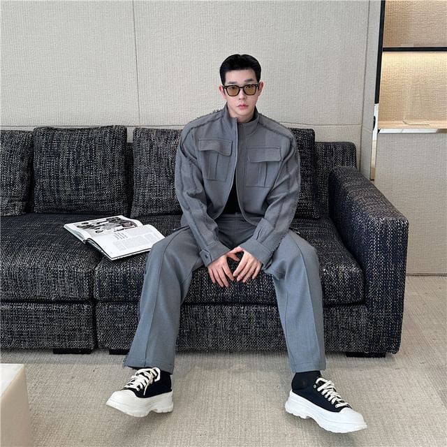 Freehop-Set Stand Collar Plain Zip Jacket Mid Rise Plain Straight Leg Pants