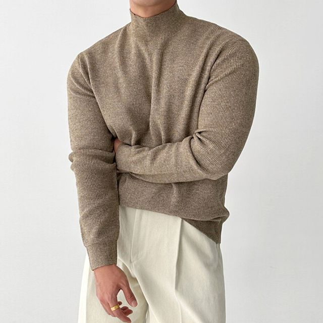 Okwano-Long-Sleeve Mock-Neck Plain Knit Top