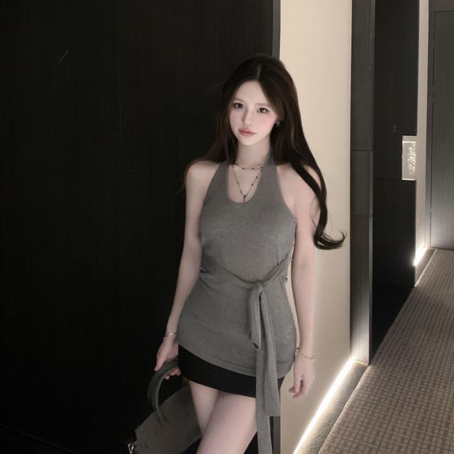 Whoosh-Halter-Neck Glitter Tie-Front Top