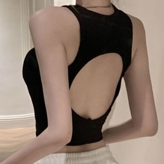 monroll-Open Back Plain Crop Tank Top