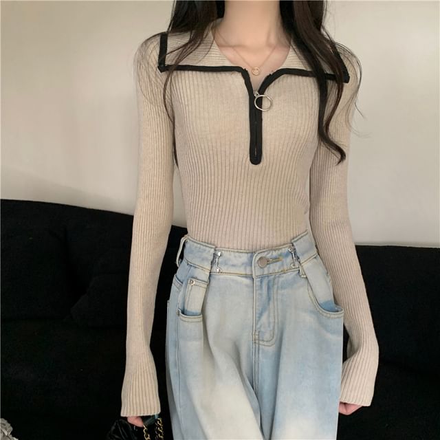 ANORA-Long Sleeve Collared Contrast Trim Half Zip Ribbed Knit Top