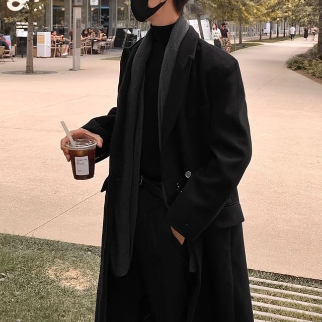 Savenne-Peak Lapel Plain Buckled Double-Breasted Long Coat