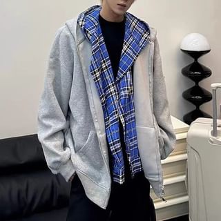 Savenne-Mock Two-Piece Plaid Panel Zip-Up Hoodie