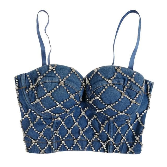 Doowex-Washed Rhinestone Denim Bustier Top
