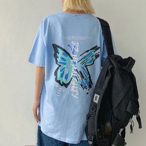 Melon Juice - Elbow-Sleeve Round Neck Butterfly Print T-Shirt