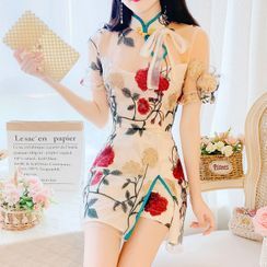 MePanda - Set: Short-Sleeve Floral Embroidered A-Line Mini Qipao Dress + Shorts MePanda - Set: Short-Sleeve Floral Embroidered A-Line Mini Qipao Dress + Shorts