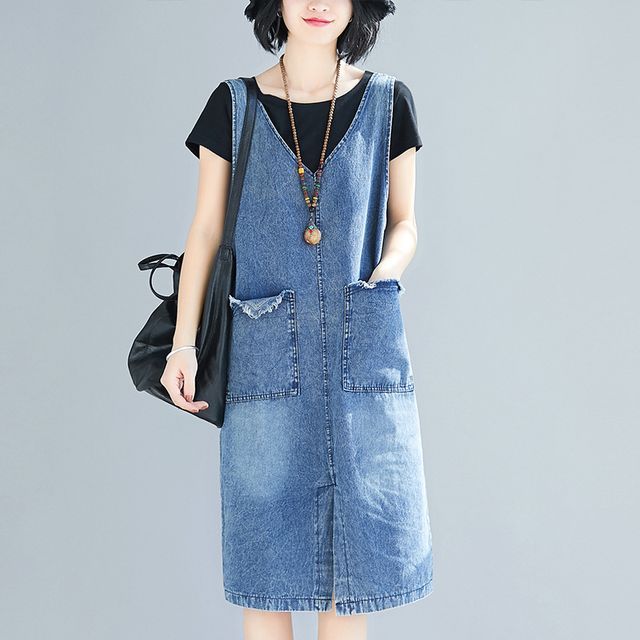 white christmas dresses Indigo Cotton Denim V-Neck Fit and Flare Midi Dress 30