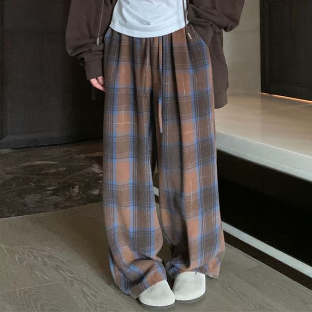 Dute - Drawstring Waist Plaid Wide Leg Pants | YesStyle