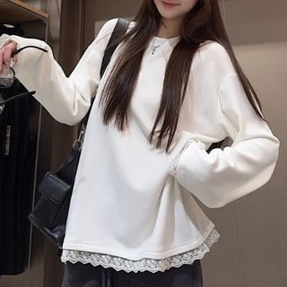 Closette-Long-Sleeve Crew Neck Plain Lace Trim Tee
