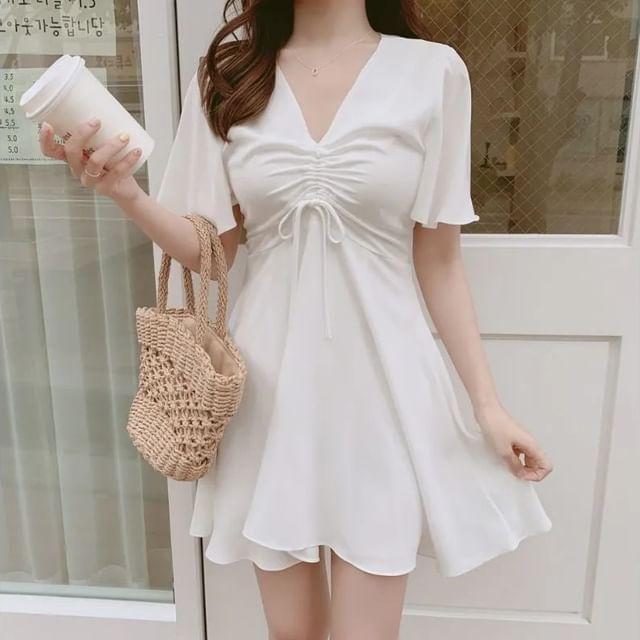 MIKIGA-Bell Sleeve Drawstring Mini Dress