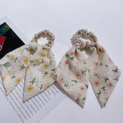 Sweet la Vie - Floral Print Bow Faux Pearl Hair Tie