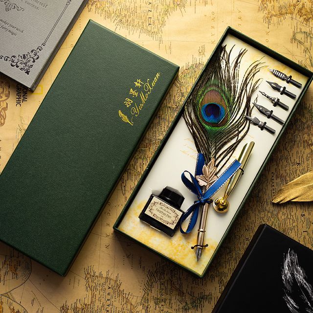 Lithronic Set Peacock Feather Fountain Pen + Ink + Interchangeable