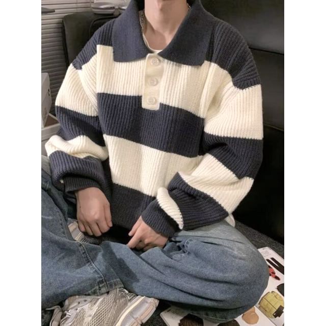 Real Boy-Collar Striped Ribbed Sweater