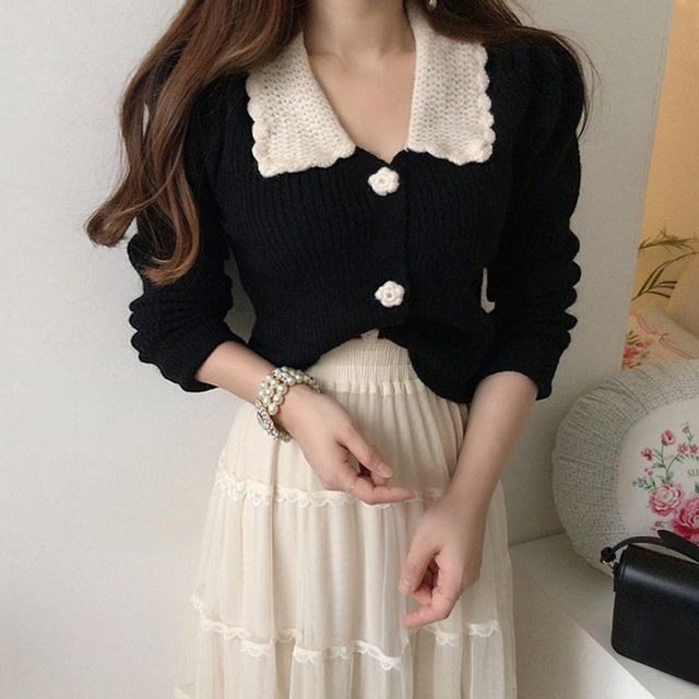 Coris-Collared Cardigan Mesh Midi A-Line Skirt