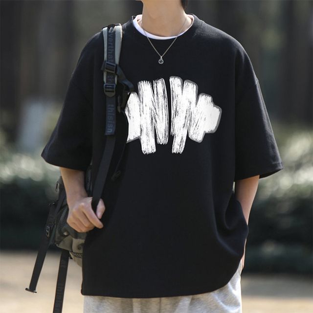 JUN.LEE - Short Sleeve Round Neck Baseball Print Oversized Tee