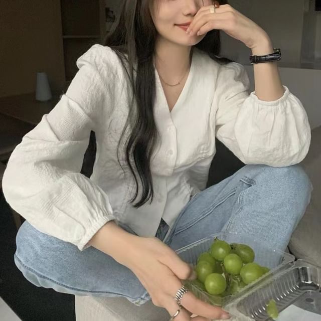 Bigfol-Long-Sleeve V-Neck Plain Drawstring Blouse