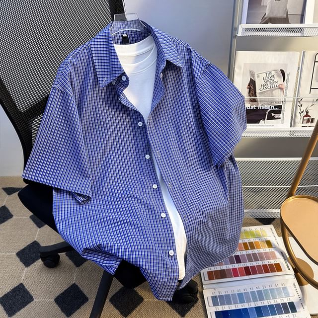 Whyessa-Short-Sleeve Collared Plaid Button Up Shirt