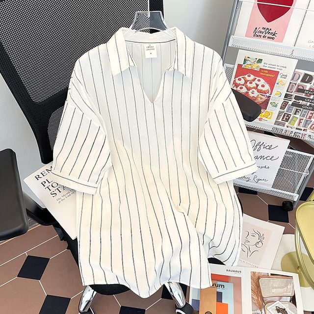 Whyessa-Elbow-Sleeve Stripe Overhead Shirt