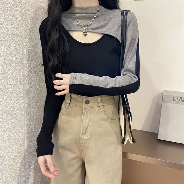 Sisyphi-Mock Two-Piece Long-Sleeve Mock Neck Two Tone Top