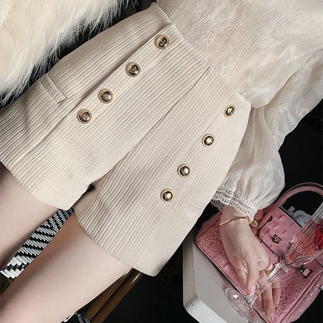 Everose-High Waist Button Accent Plain Chenille Shorts