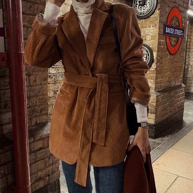 Coris-Corduroy Ribbed Sashed Blazer