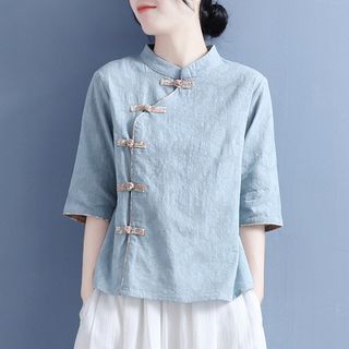 Fioridi-Short-Sleeve Plain Frog Buttoned Cheongsam Top